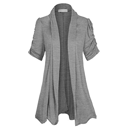 Womens Open Front Ruched Short Sleeve Shark Bite Hem Casual Plus Size Cardigan, Heather Gray, XX - Large