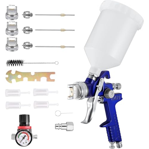 Tnamdan 600ml HVLP Pistola de pulverización de Alta atomización Pistola pulverizadora de reparación pequeña con regulador de presión de Aire Tanque de Pintura de 600cc y 1.4/1.7/2.0mm Boquilla