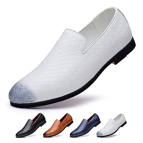 Mens Vegan Leather Smoking Loafers Slip-on Flat Casual Lightweight Driving Walking Shoes Business Dress Oxford Shoes (11 White Male)