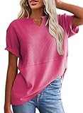 SHEWIN Womens T Shirts Casual Short Sleeve Work Tee Shirt Office Loose Solid Color V Neck Top Cute Tops for Women Fashion 2025,US 16-18(XL),Hot Pink