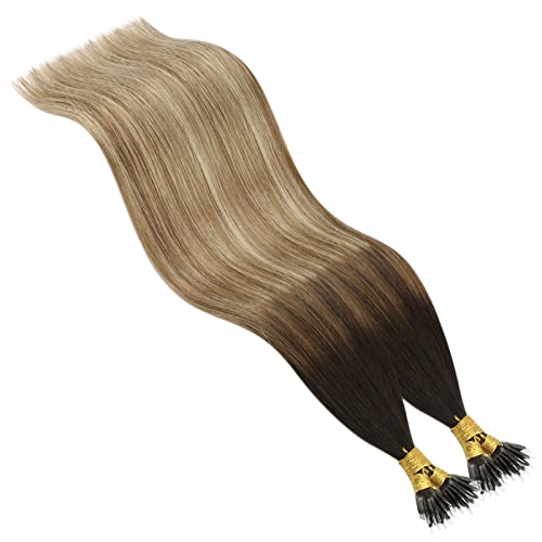 Nano Bead Extensions Human Hair 24inch Nano Remy Hair Extensions Human Hair Darkest Brown to Medium Brown with #24 Blonde Keratin Tip Human Hair Extensions 1g/s 50gram