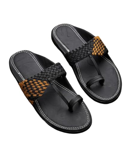 Image of Agadi Men's Kolhapuri Style Sandals | Handcrafted Woven Strap Toe Ring Chappals | Comfortable Ethnic & Casual Slip-On Footwear for Men