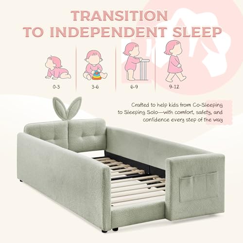 Image of Twin Size Bed Frame for Kids, Upholstered Daybed Frame Floor Bed with Safety Rails and Storage Pocket Cute Rabbit Ear Shaped Headboard for Kids Teens Boys Girls, Green