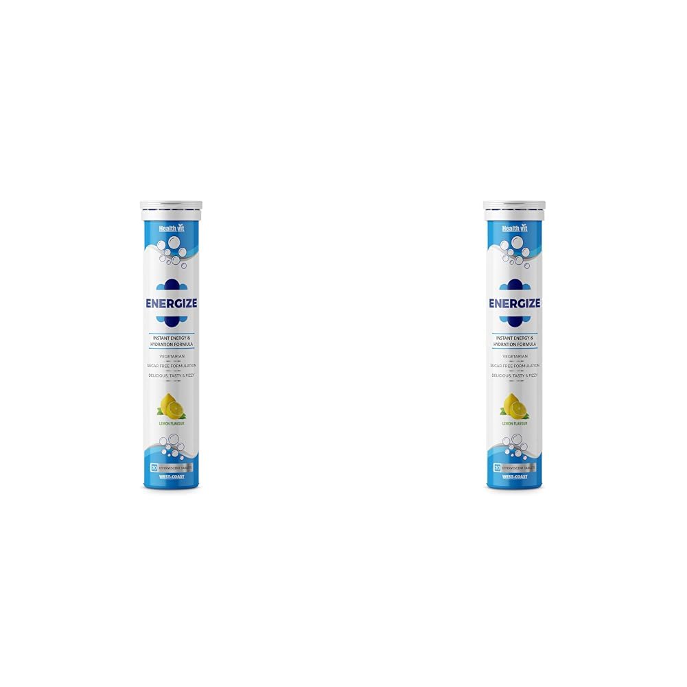 Healthvit Energize Electrolytes Energy Drink - Sugar-Free, Instant Hydration Sports Drink (20 Effervescent Tablets, Lemon Flavor) (Pack of 2)