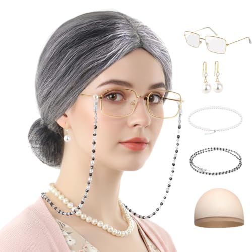RSOEUG Old Lady Wig Costume for Women 5 PCS Kids 100 Days of School Grandma Wig Costume Halloween Girls Adults Cosplay Accessories Set (Gray Bun)