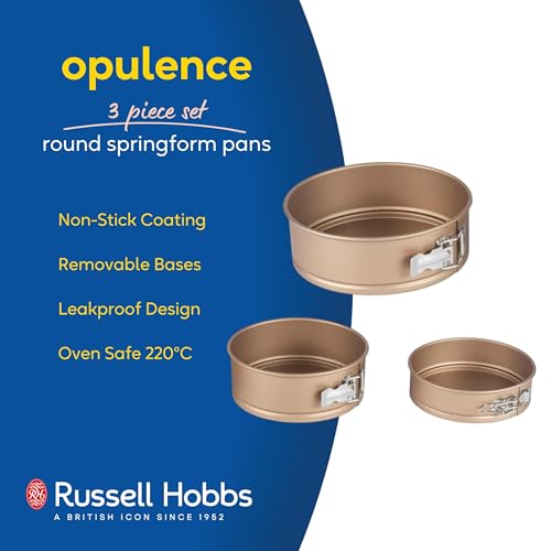 Russell Hobbs Opulence Round Springform Pan Set - 3 Piece, 16cm / 6 Inch, 20cm / 7.8 Inch, 24cm / 9.4 Inch Non-Stick Cake Tin, Loose Base, PFOA Free, Carbon Steel, Leakproof, Cake, Cheesecake, Gold - Image 3