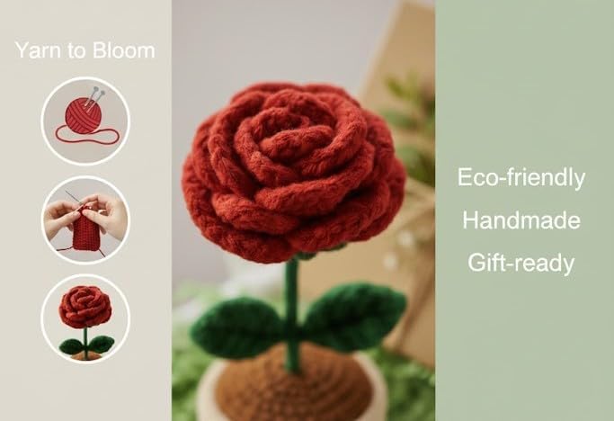 Image of Handmade Crochet Sunflower Pot - Eco-Friendly Knitted Flower Plant, Perfect Decorative Piece for Home, Office Table & Gifting Purpose (Rose)