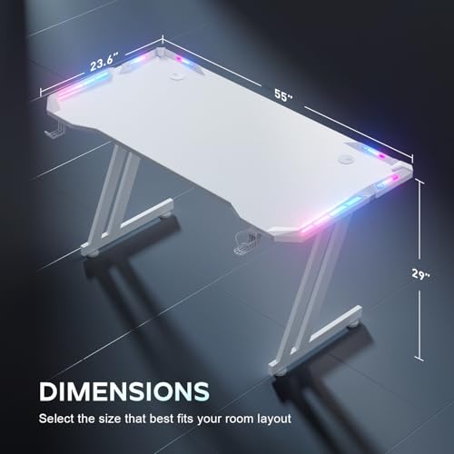 Image of HLDIRECT 55 Inch Gaming Desk with App-Controlled RGB LED Lights, White | Z-shaped frame design, cup holder, headphone hook, cable management & mouse pad, for dual-monitor gaming and work setup