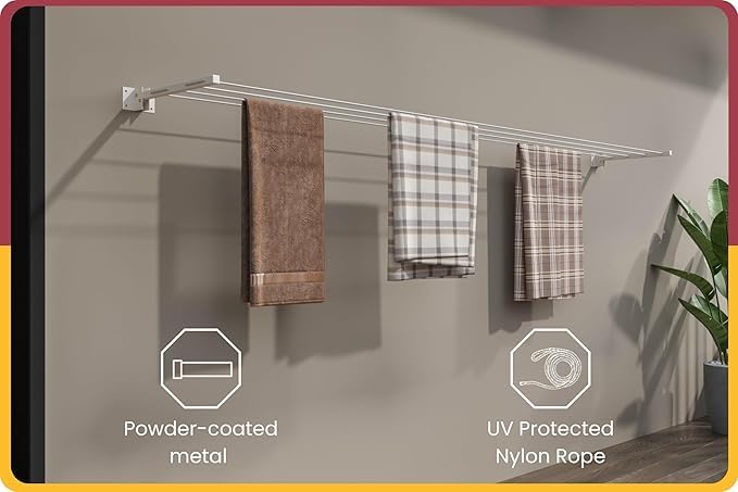 Image of SR Powder Coated Metal Clothes Drying Stand Wall Mounted /Cloth Dryer Stand /Clothes Hanger for Drying Clothes Foldable for Home Or Balcony with 40 Feet Rope and Fasteners Set