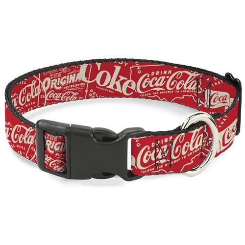 The Coca-Cola Company Pet Collar, Dog Collar Plastic Buckle, Vintage Coca Cola Coke Icons and Ad Logos Red White, 11 to 16.5 Inches 1.0 Inch Wide