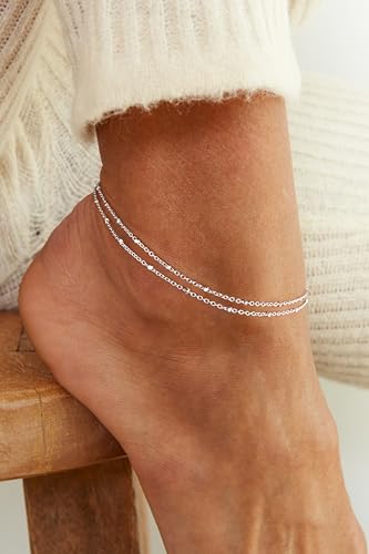 Image of Robaice Ankle Bracelets for Women, Glitter Waterproof Adjustable Anklet for Women, 14K Gold Plated /Sterling Silver Layered Anklets, Summer Beach Anklet Jewelry for Women Gift