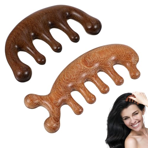 Nogeqi 2 peines de masaje Gua Sha, peine de masaje de cabeza de sándalo, peine para cuero cabelludo con dientes anchos, peine de madera natural de madera para acupresión, relajación, cuidado del