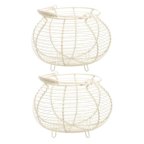 VERDANVERSE 2 Pièces Panier Métallique Vintage avec Poignée Corbeille à Œufs et Fruits Rangement Flexible pour Cuisine et Maison Facile à Nettoyer Décoration Rétro Blanche