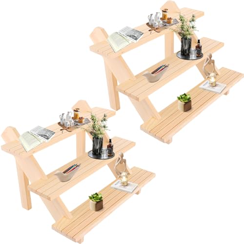 AKOLAFE Lot de 2 présentoirs à 3 niveaux en bois - 39 x 30 x 24 cm - Présentoir à bijoux avec rainure - Pour artisanat, figurines, bijoux, rouge à lèvres, vernis à ongles