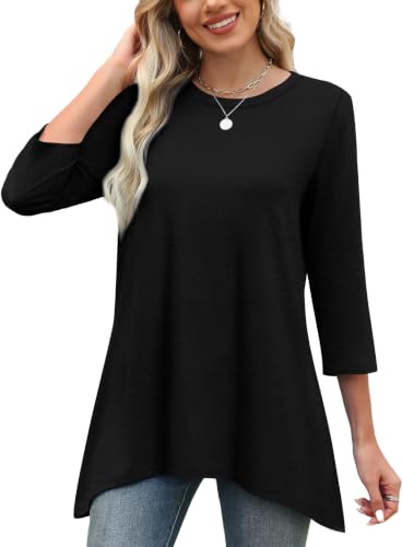 Image of OFEEFAN Tunic Tops for Women Loose Fit Dressy 3 /4 Length Sleeve Womens Tops with Asymmetrical Hem S-4XL