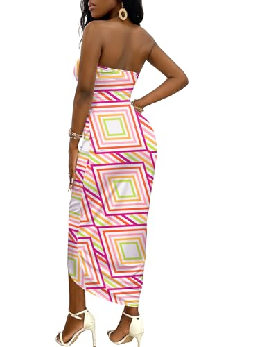 Image of Umenlele Women's Strapless Ruched High Waist Wrap Split Asymmetrical Beach Maxi Long Dress