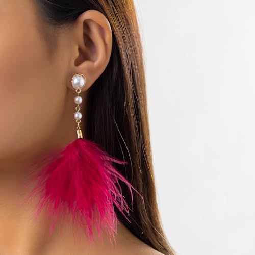 Boucles d'oreilles plume bohème rétro avec perles d'imitation pendantes