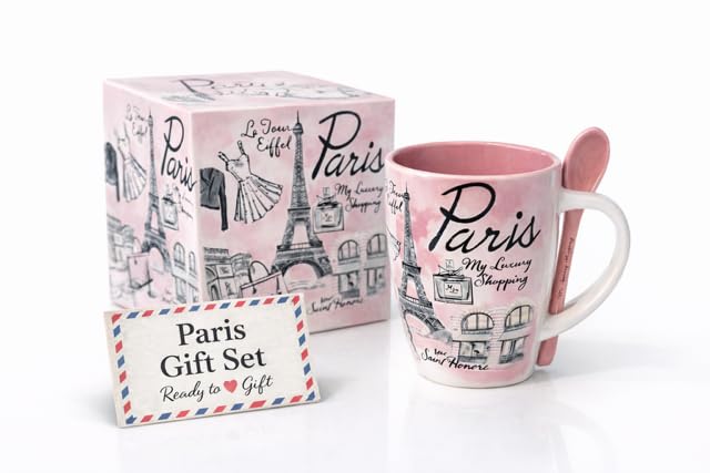 Générique Mug Souvenir de Paris rose tour Eiffel – Tasse en Céramique 320 ml avec Cuillère dans Coffret Prêt à Offrir – Cadeau Original pour Femme,...