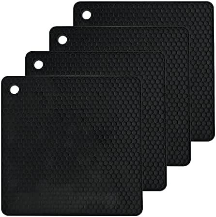 Lucky Plus Silicone Pot Mat for Countertop Trivet Pads Heat Resistant Table Placemats 4 Pack,Size:7.5x7.5 Inch, Color: Black, Shape:Square
