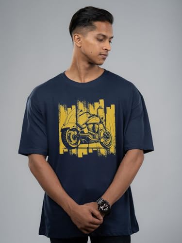 Image of T-Shirt for Men - 100% Cotton Ladakh Motorcycle Rider Half Sleeve Round Neck Graphic Print | Regular & Oversized Fit | 180 /220 GSM | S-5XL | Black, Navy Blue, Olive, Red, White