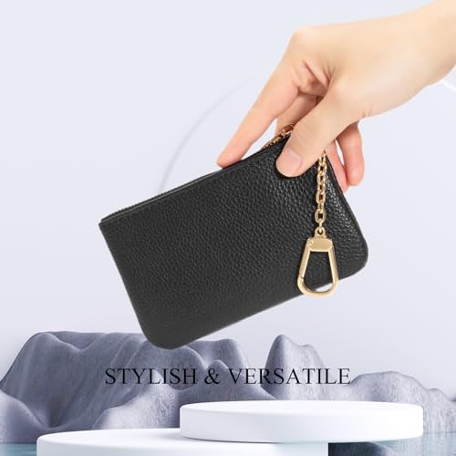 Image of Full Grain Leather Coin Purse with Key Chain - Small Change Purse Keychain Card Holder Keychain Pouch Small Keychain Wallet for Women and Men (Black - Large Size)