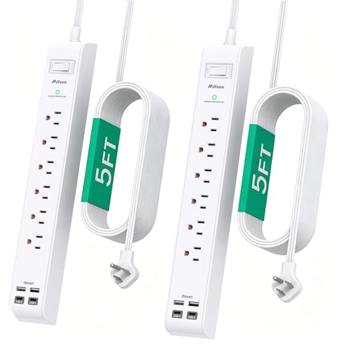 Image of 2 Pack Power Strip, Extension Cord 5FT, Surge Protector with 6 Outlets and 4 USB Ports (2 USB C), Flat Plug Overload Protection, Extension Cord with Multiple Outlets, Wall Mount for Home Dorm College