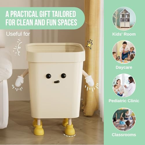 Image of 3.2-Gallon Cute Kids Trash Can - Durable Waste Basket Perfect for Kids Rooms, Classrooms, Pediatric Clinics - Beige Square-Shaped Trash Bin w /Arms & Legs - Comes with Removable Trash Bag Holder