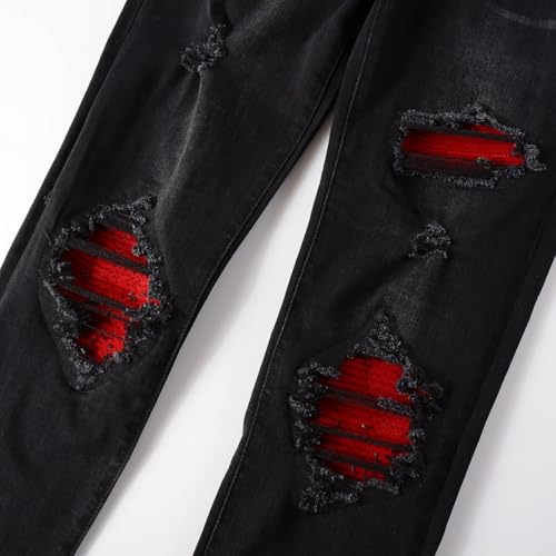 Men's Biker Ripped Jeans Stretchy Skinny Slim fit Distressed Pants Red Patch Holes #8863