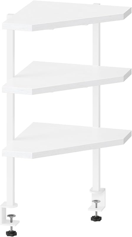 MAHANCRIS Clamp on Desk Corner Organizer, 3-Tier Desktop Shelf, Adjustable Desk Corner Storage Shelf with Metal Frame, for Office, Game Room,White DSWT5501