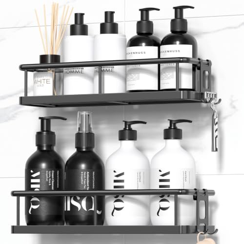 YASONIC Duschablage Ohne Bohren, Rostfreie Duschregale für die Dusche, Große Kapazität Badezimmer Organizer und Aufbewahrung, Duschregal mit Abnehmbaren Haken, Ohne Bohren Badezimmer Zubehör Schwarz