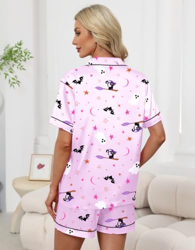 Image of Schbbbta Women Pajamas Set, 2 Pieces Satin Silk Button Down Pjs Short Sleeve Outfits Loungewear