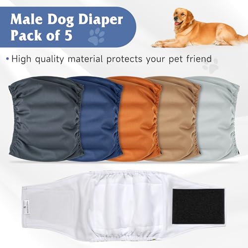 Image of 5 Pack Dog Diapers Male, High Absorbing Dog Wraps, Belly Bands for Male Dogs with Incontinence or Frequent Urination, Washable Doggie Diapers Brown S