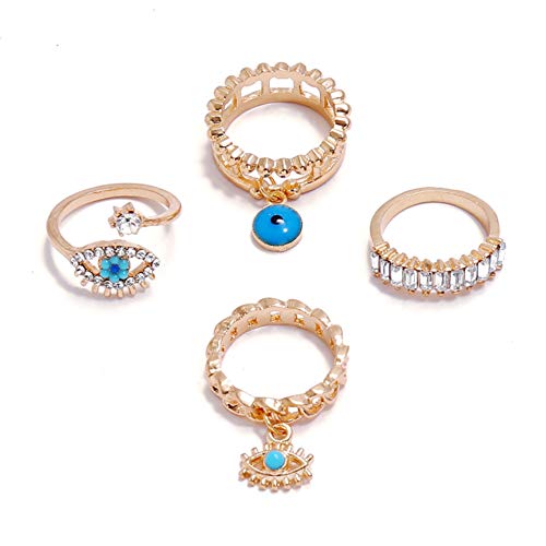 4Pcs/Set Gold Color Evil Eye Rings For Women Vintage Boho Crystal Knuckle Ring Set Female Party Jewelry Gift (Gold) #TOP3