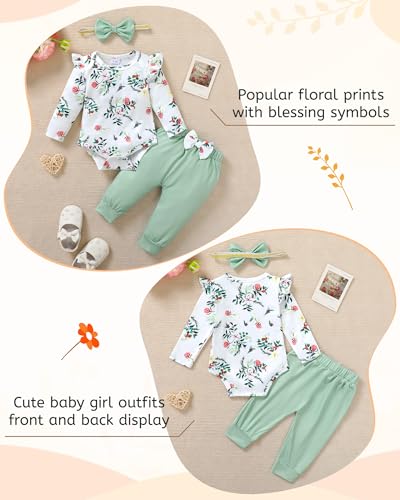 YALLET Baby Girl Clothes Newborn Infant Girl Outfits Floral Romper+Pants+Headband Fall Baby Layettes for Clothing 0-18 Months2