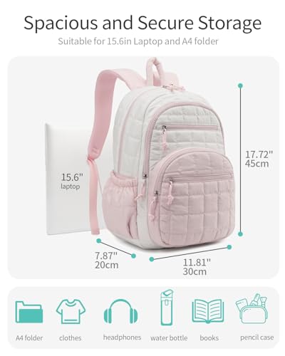 Image of Bookbag for Women, Teen Girls Backpack for High School College Student, Puffer Quilted Back Pack Cute Laptop Backpack for Work Travel Mom Casual Daypack, Beige Pink