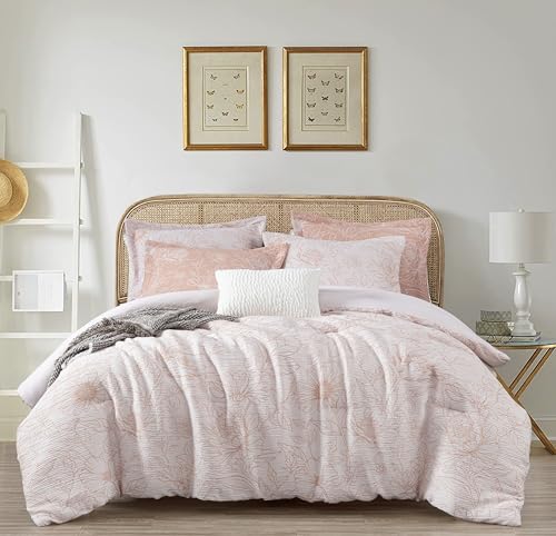 Chezmoi Collection Katrina 6-Piece Floral Comforter Set Queen Size, White/Coral, Soft Jacquard Textured Lightweight Bedding for All Season (1 Comforter, 4 Pillow Shams, 1 Cushion)