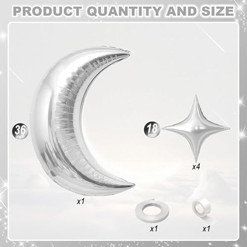 Image of Toys Treasure 5pcs Large 36 inch Metallic Moon + 18 inch Silver Star Foil Balloons - Birthday Graduation New Year Party (Silver Moon Star 5pcs)