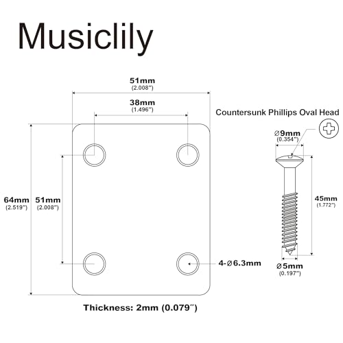 Musiclily 4 Holes Metal Guitar Neck Plate for Fender Strat Tele Guitar or Bass,Gold - Thumbnail 2