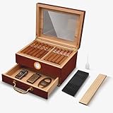 Zigarren Humidor, Spanische Zeder Hölzerne Zigarrenbox mit Hygrometer, Luftbefeuchter und Teiler, 2 Ceder Holz Schubladen, Geschenke für Zigarren-Liebhaber(30-50 Zigarren)