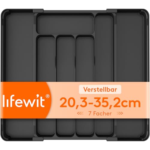 Lifewit Besteckkasten für Schublade, Verstellbarer Besteckhalter Kunststoff Besteckständer, Breite von 20 auf 35 cm, Utensilienhalter Küche Tiefe 28 cm, Küchen Organizer für Löffel/Gabeln, Schwarz