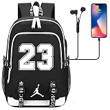 HQEKMS Rucksack für Basketball-Superstar-Fans, Freizeitreise, Schultasche mit USB-Ladeanschluss Schwarz Logo-M