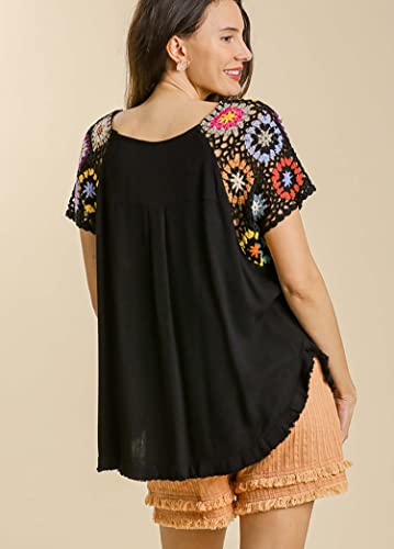 Umgee Womens Linen Blend Colorful Floral Crochet Detailed Short Sleeve Top (As1, Alpha, X_L, Regular, Regular, Black, X-Large) #TOP3