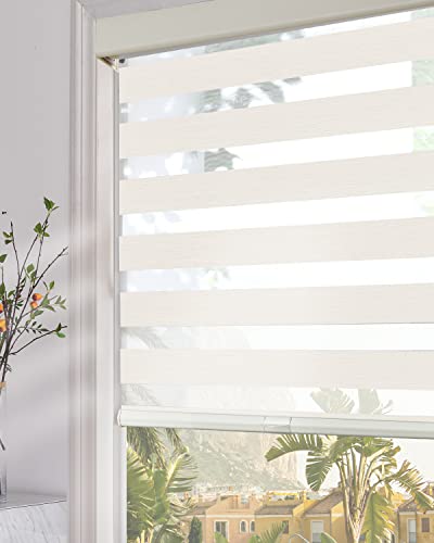 Image of Persilux Cordless Zebra Blinds for Windows (34 inch W x 64 inch H, Beige) with Upgraded Cassette Room Darkening Dual Layers Sheer Shades Thermal Insulated Window Roller Blinds for Home