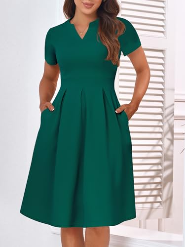 Image of YATHON Womens Elegant Print Notched Neck Slant Pocket Pleated Hem Casual A-Line Dress