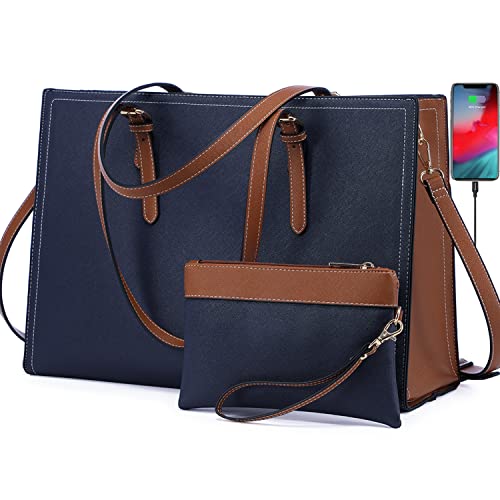 Lovevook Laptop Bag For Women, Computer Tote Bag Handbag Shoulder Bag Purse Business Work Briefcase Travel Bag, 15.6-Inch, Navy-Brown #TOP8