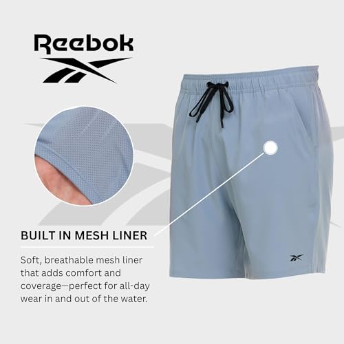 Reebok Calção de banho masculino com forro de malha, costura interna de 18 cm, roupa de banho mascul