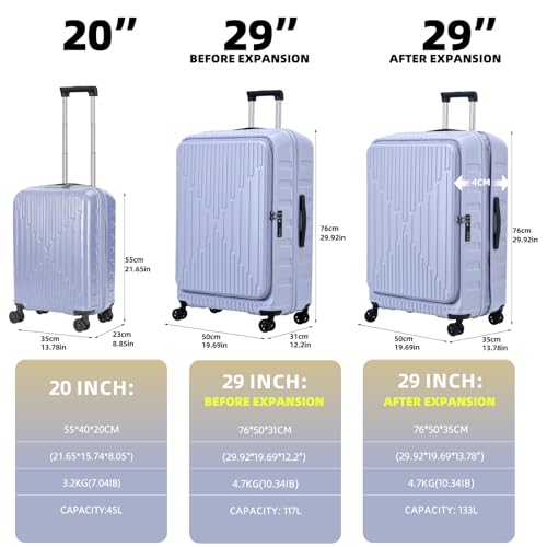 Image of Kaleenie 2 Pieces 20 /29 Luggage Sets, 20 Inch Cabin Luggage with Front Pocket & 29 Inch Side Opening Suitcase, Ligthweight ABS+PC Hardshell, TSA Lock with HINOMOTO 360 Wheels, Lilac Purple