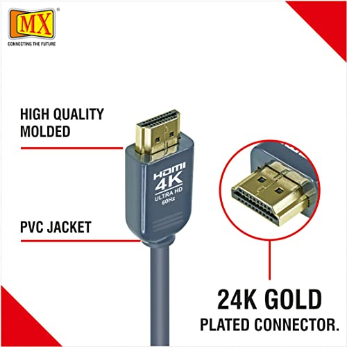 Image of MX HDMI Cable 1.5 Meter High Speed HDMI 2.0 Male to Male, 4K Ultra HD 2160p 60Hz, 3D & ARC Support, 19 Pin Gold Plated Connectors for TV Laptop PC Monitor Projector (Black)