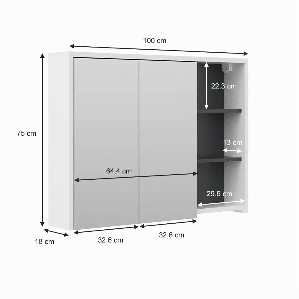 Vicco Specchio contenitore bagno Viola, Bianco/antracite, 100 x 75 cm, per montaggio a parete con ripiani aperti