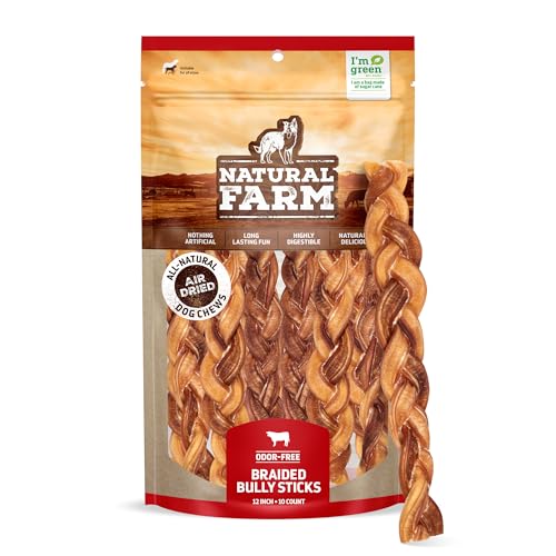 Natural Farm Odor-Free Braided Bully Sticks (12 Inch, 10 Pack) - 100% Grass-Fed Beef, Grain-Free, Low Fat & Fully Digestible Best Dental Treats - Safest Long Lasting Pizzle Chews to Keep Your Dog Busy